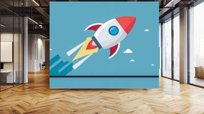 flat illustration of a rocket launching upward, symbolizing growth, success, or startup ventures Wall mural