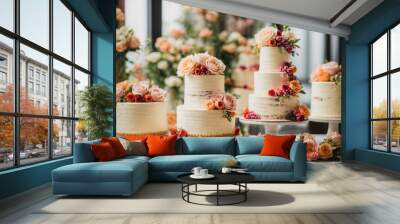 floral wedding cakes, beautifully decorated with fresh flowers, perfect for romantic celebrations, elegant ceremonies and wedding moments Wall mural