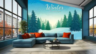 Beautiful Winter sunrise landscape with pine forest, mountains and snowfall Wall mural