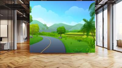 Highway asphalt road with beautiful paddy rice field, trees and mountain landscape vector illustration Wall mural