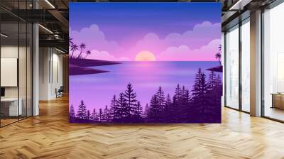 Ocean sunset or sunrise with beautiful Purple sky and tropical pine forest Wall mural