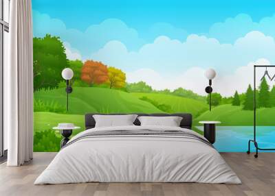 Peaceful lake between scenic green meadow cartoon landscape Wall mural