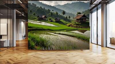 Beautiful landscape nature green Terraced Rice Field of Rainy Season and hut on Mountain in nature, Mae Chaem, Chiangmai, Thailand. Wall mural