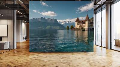 Oberhofen Castle at Lake Thunersee in swiss Alps, Switzerland.  Wall mural