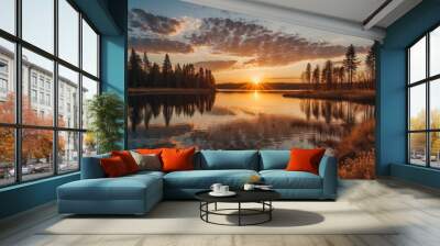 sunset at coast of the lake. Nature landscape Wall mural