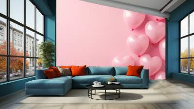 pink glossy heart shaped latex balloons isolated on pastel pink background. Copy space Wall mural