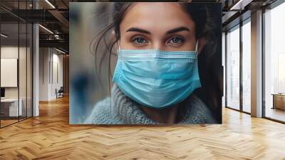 Woman wearing a blue surgical face mask for health and safety during the COVID 19 pandemic. Wall mural