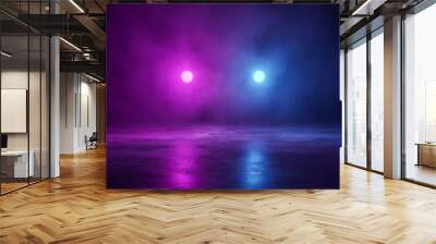 Two bright neon glowing spheres in thick smoke over the concrete surface, futuristic world. Landscape background with illumination objects for banners, posters. 3d rendering modern design. Wall mural