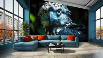 A glowing, ethereal harpy eagle, its eyes focused like black holes, swooping down on prey in a cosmic rainforest - Generative AI Wall mural