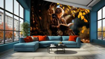 child engrossed in a book under a big tree, their imagination blossoming with the stories unfolding Wall mural