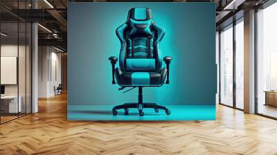 Cyan blue gaming chair advertisement background, copy space (created with Generative AI) Wall mural