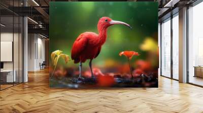 tropical scarlet ibis bird, bright wildlife, vibrant blured background, Generative AI Wall mural