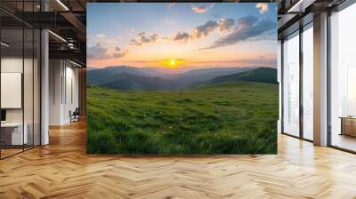 Beautiful nature summer scene with green grass on mountains hills and sunset cloudy sky over mountains as background looking at wide angle lens Wall mural