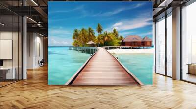 beautiful view of a tropical island with traditional wooden resort buildings, blue sky, expanse of sea, clear water and coconut trees Wall mural