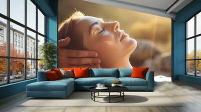 Beautiful woman relaxing lying on massage table with therapist hand supporting her neck for massage on bright landscape background of blurred natural golden light Wall mural