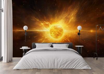 big yellow sun glowing in space constellation stars rays of light Wall mural