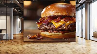 close-up cheeseburger with bun, juicy beef, melted cheese, sauce, onions and crispy bacon bits on a wooden table Wall mural