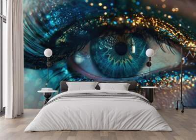 close-up magical sparkling eye makeup with a stunning combination of blue green on the iris complemented by a golden outline with long dark eyelashes Wall mural