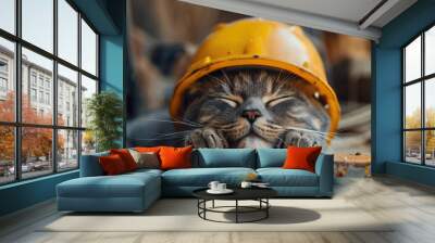 fat British shorthair cat wearing a yellow safety helmet works under the hot sun Wall mural