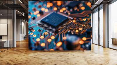 high detail close-up hardware phone circuit board motherboard with connections electrical display microchip components Wall mural