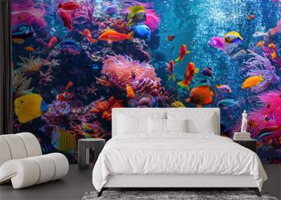 Large tropical saltwater fish tank colorful variety of fish and beautiful corals reef with vast underwater landscape Wall mural