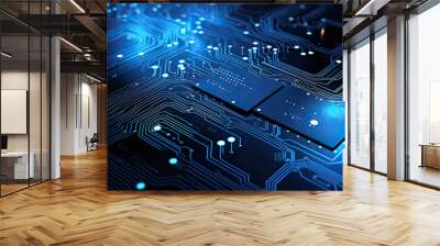 Light blue microprocessor microchip circuit lines abstract electronic board technology wallpaper Wall mural