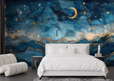 Magical and strange wide illustration night sky with dark blue clouds mountains and white gold stars painting the soft watercolor Wall mural