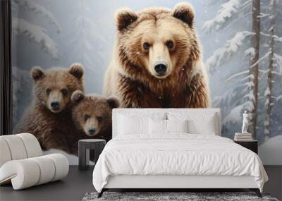 mother brown grizzly bear family with her two cubs in a snowy winter  Wall mural