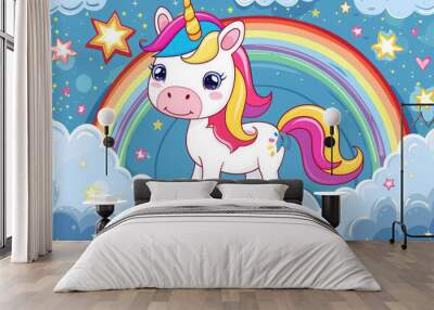 simple cartoon happy unicorn walking around clouds, stars and rainbow with many colors kids style Wall mural