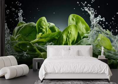 Smooth Fresh organic raw green Spinach Vegetables falling into water and splashes Wall mural