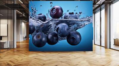 Smooth Fresh ripe organic purple Blueberries Fruits falling into water and splashes on blue background Wall mural