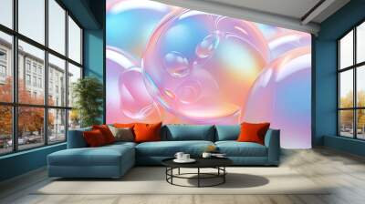 Transparent 3D small bubble ball spheres in gradient hologram light pastel color background Wall mural