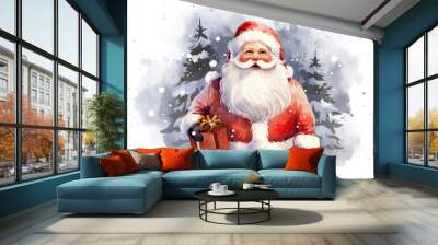 Watercolor clipart merry christmas santa claus standing with red gift box on white background created with Generative AI Technology  Wall mural