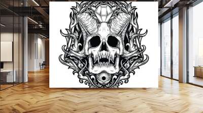 tattoo and t-shirt design black and white hand drawn devil skull and diamond engraving ornament premium vector Wall mural