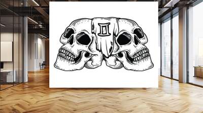 tattoo and t-shirt design black and white hand drawn gemini skull zodiac  premium vector Wall mural