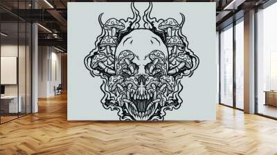 tattoo and t shirt design black and white hand drawn skull and mushroom Wall mural