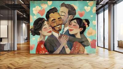 Four happy persons man woman black white african latino asian trans hugging flower background pride love romance friendship polyamory gay diversity lgbtq equality valentine's day pride illustration Wall mural