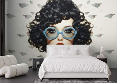 Pretty girl with short black hair and blue rimmed round glasses close up shot in front of artistic bird wallpaper illustration Wall mural