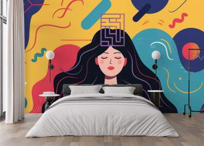 Woman with eyes closed and maze in head brain mental health issues psychology colorful meditation thinking stimulated painting illustration Wall mural