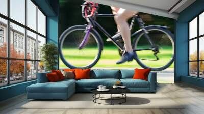 Riding bicycle - blurred motion, fast driving. Wall mural