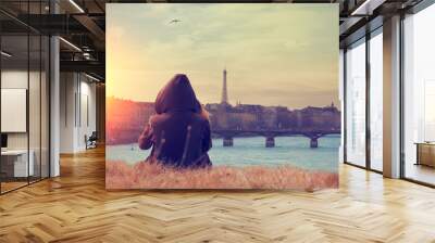 seine river and eiffel tower with lonesome girl. mosaic. Wall mural