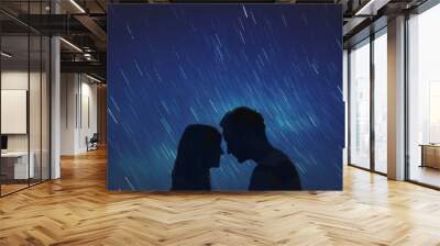 Silhouettes of a young couple under the starry sky.  Wall mural