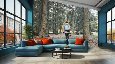 Young woman walking in the forest. Wall mural