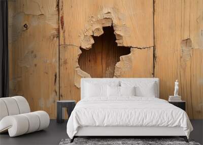 Hole Breaking Through Wooden Wall on Isolated Background, break, texture, pattern, rustic Wall mural