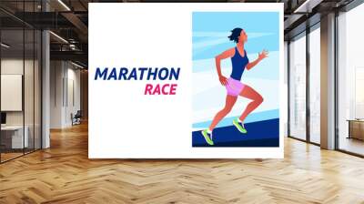 Running woman. Marathon race. Sports competition, workout or exercise, athletics. Active lifestyle. Colorful vector illustration. Wall mural