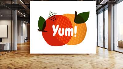 Yum text on fruit. Yummy concept design doodle for print. Printable graphic tee. Colorful vector illustration. Cartoon hand drawn calligraphy style. Wall mural