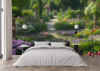 beautiful garden view with various flowers, AI generated. Wall mural