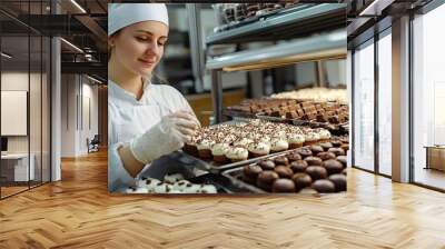 A baker in a white uniform inspects a tray of pastries. The photo is great for use in a blog post or website about baking and pastry chefs. Wall mural