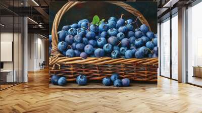 A basket full of blueberries is on a table Wall mural