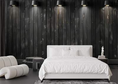 A black wooden wall with three pedestals on it. The wall is bare and has no decoration Wall mural